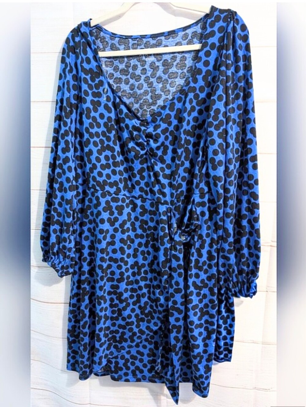 Nwot Ava &Viv Blue & Black Polka Dot Long Sleeve Faux Wrap Midi Dress Size 1X